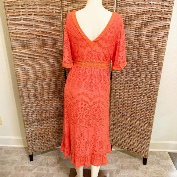 Anthropologie Farm Rio Devore Lace Pink and Orange Maxi Dress V-Neck Small - Picture 6 of 10